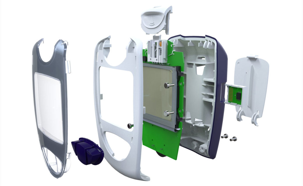 3D CAD exploded view of an injection moulded blood glucose meter design