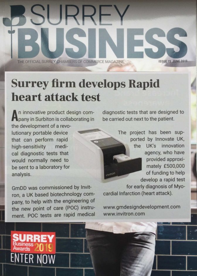 Gm Design Development's rapid diagnostic test features in the Surrey Chamber of Commerce magazine.